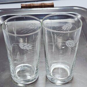 2 Sasaki Etched Wheat Glasses 4.5" cocktail juice 10oz midcentury farmhouse 1950